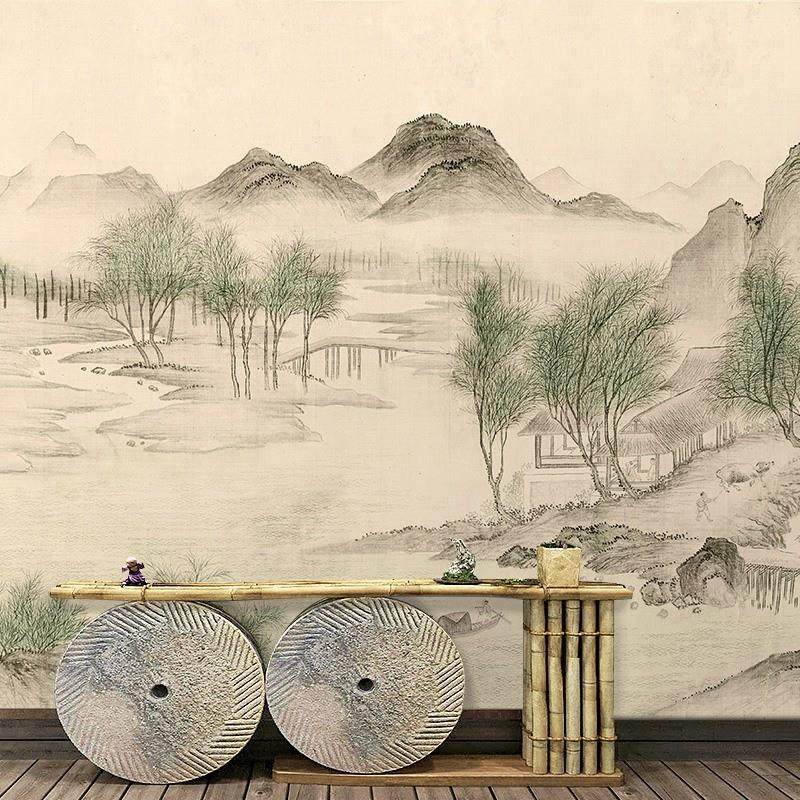 古典中式淡雅意境风山水壁画湖山春暖图书房客厅茶室背景墙纸壁布