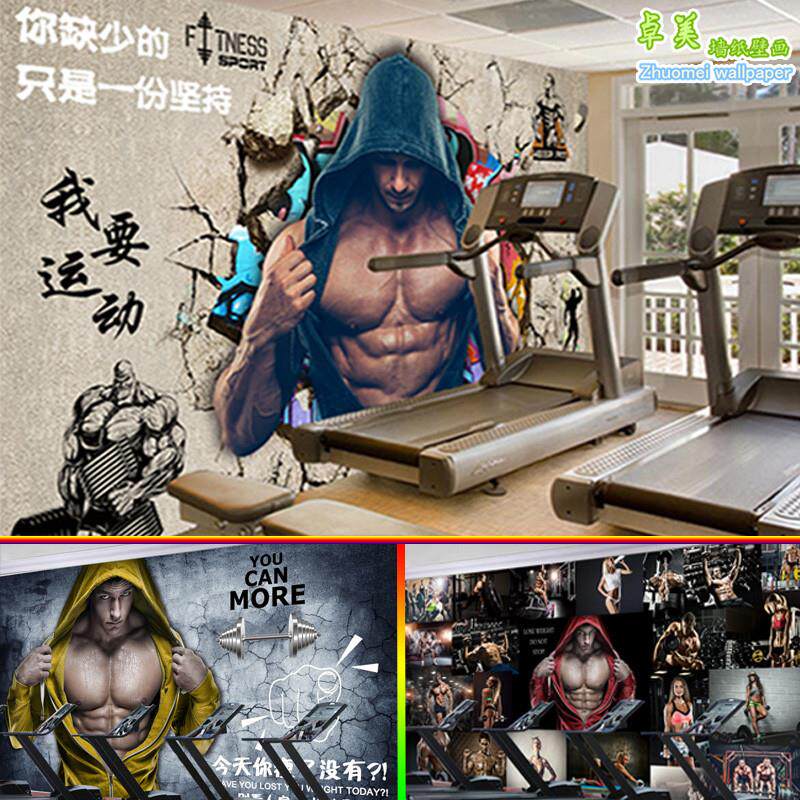 健身房壁纸俱乐部运动墙纸跆拳道瑜伽馆墙布3d个性肌肉男复古壁画