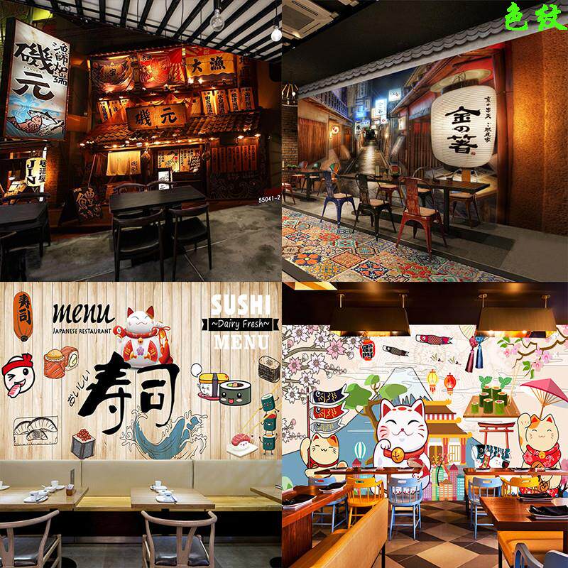 日式餐厅寿司料理店背景墙壁纸日本建筑街景墙纸榻榻米招财猫壁画