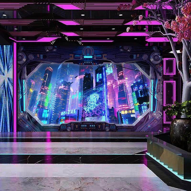科幻太空舱墙纸赛博朋克网吧游戏壁纸未来城市电竞馆主题装饰壁布