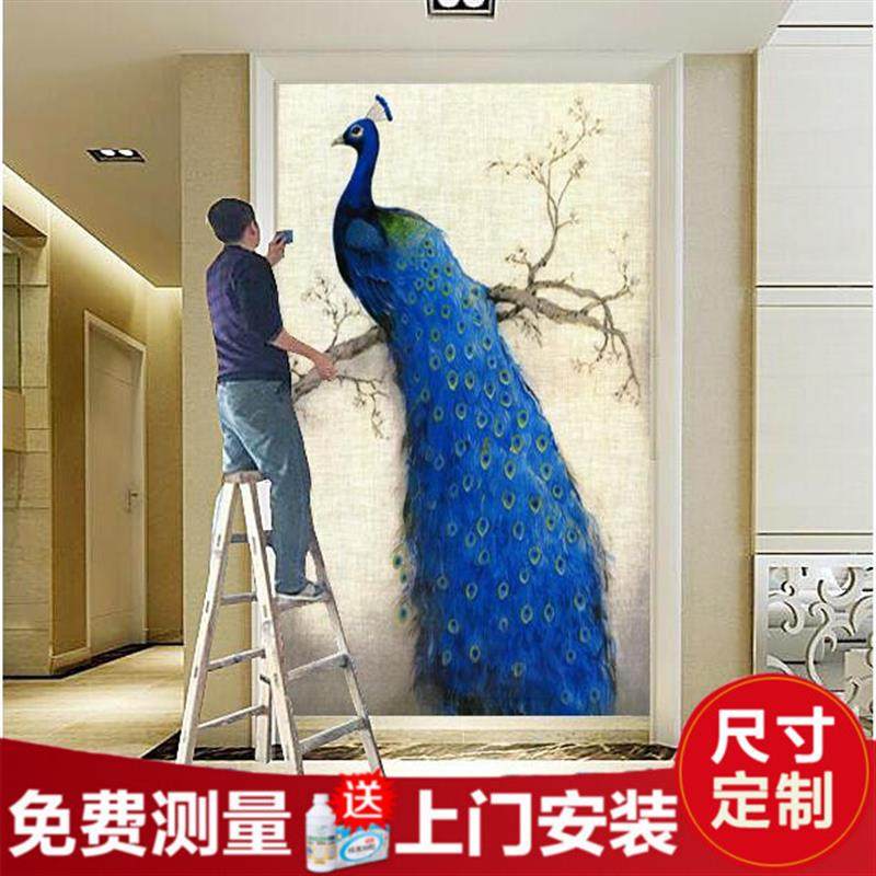 北欧玄关壁纸壁画现代简约背景墙纸孔雀8D墙布壁布走廊过道竖版
