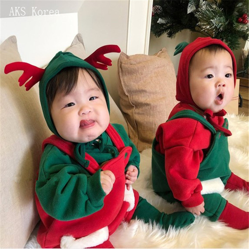 宝宝韩版连体衣婴儿加绒背带裤圣诞新年衣服红色绿色毛绒兜兜爬服