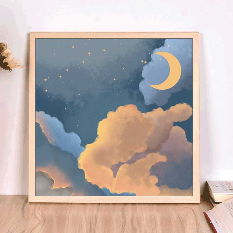 新款北欧儿童房装饰画床头背景墙壁画月夜星空男女孩卧室卡通挂画