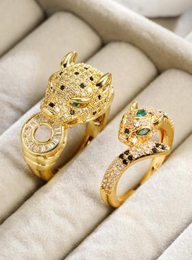 电镀金沙豹头镶锆轻奢戒指