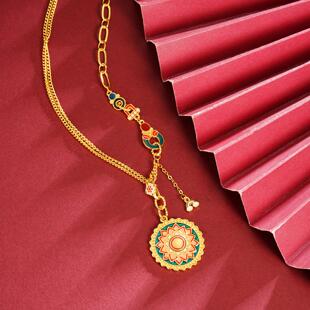 国潮古法沙金项链珐琅彩曼陀罗时轮锁骨链女复古久不掉色饰品