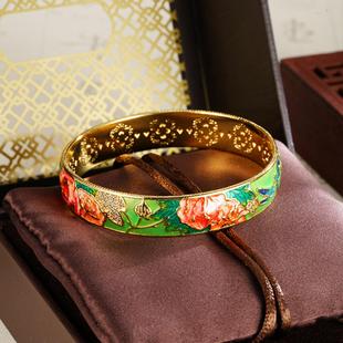 古法沙金桃花手镯烤漆珐琅彩花朵中国风百搭久不掉色饰品