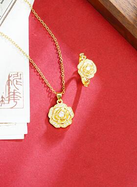 越南沙金镶钻玫瑰戒指套装