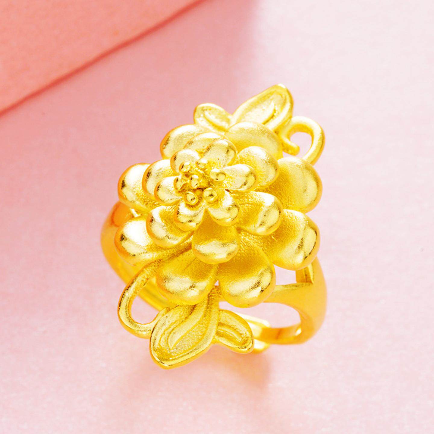 越南沙金仿3D硬金喷砂花女戒 镀24k金大花朵开口戒指结婚饰品