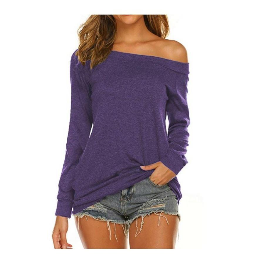 Women&#39;s long-sleeved one-neck off-shoulder top shirt