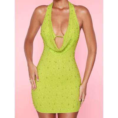 Studded Pocket Neck Hollow Tank Top Dress Sexy Spicy Girl Op