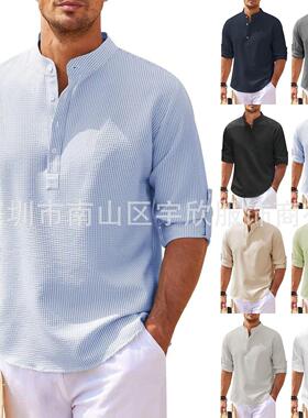 Long sleeved standing collar pure men's shirt casual men