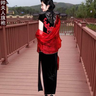 优雅修身丝绒长款演出走秀旗袍裙