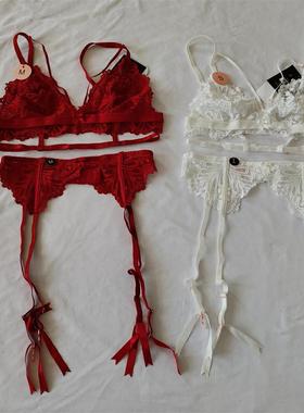 D33-38女式无钢圈美背美胸蕾丝法式性感三角杯文胸内衣吊袜带袜夹