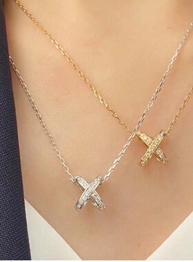 新款轻奢时尚liens交叉满砖项链女925纯银缘系一生X镂空锁骨链ins