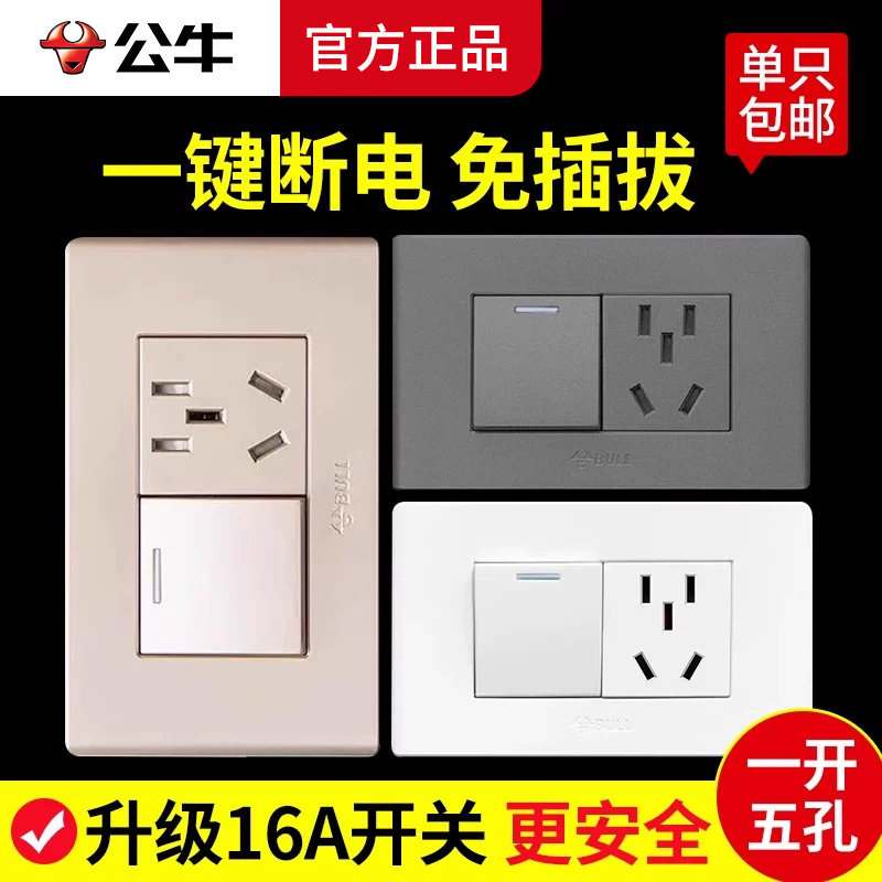 公牛118型二位墙壁开关插座面板1开带5孔两位一开一插五孔单双控