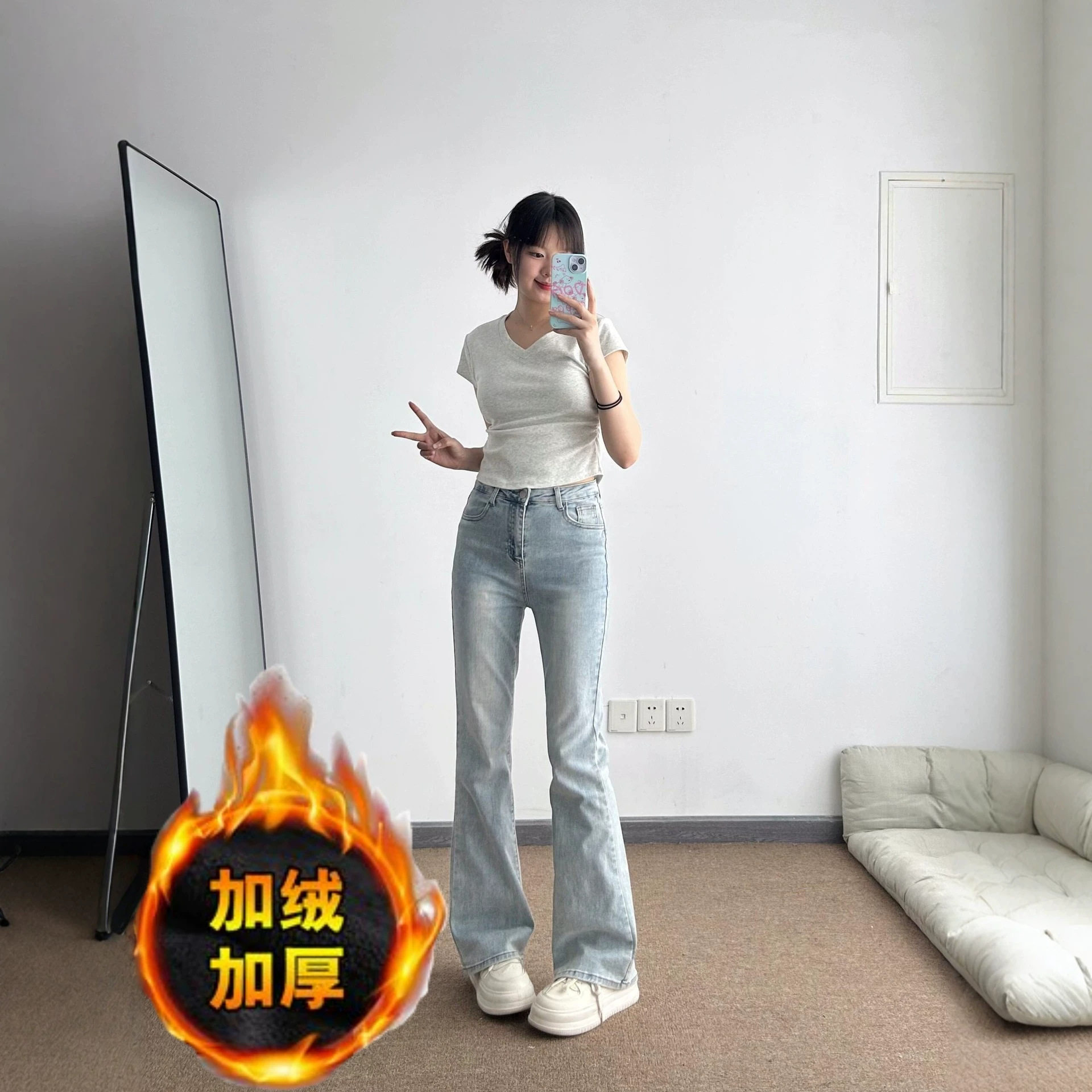 美式加绒黄泥染牛仔裤女韩版2026新款秋冬季修身百搭显瘦喇叭长裤