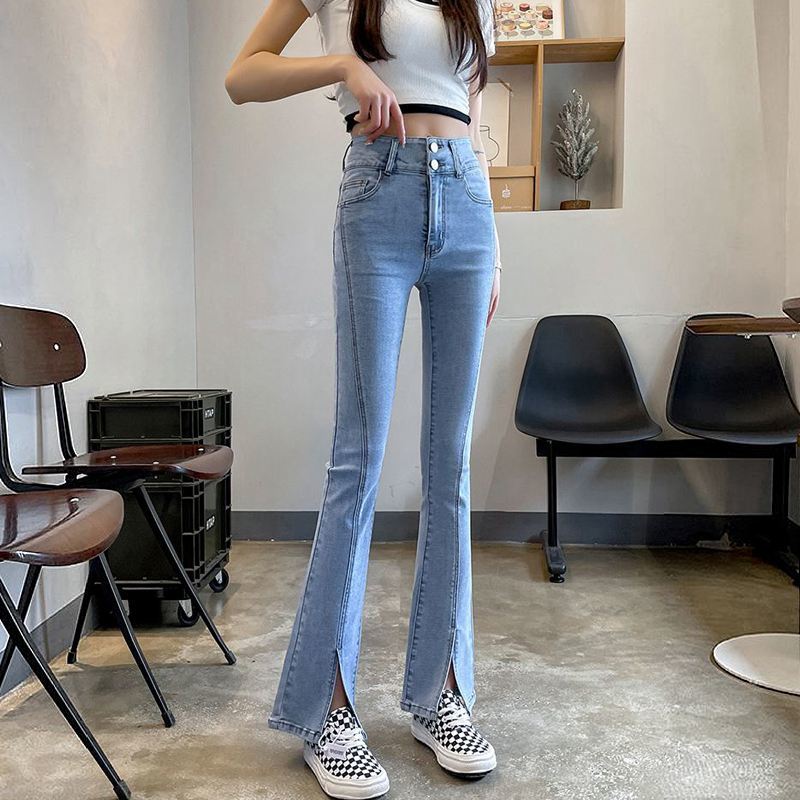 黑色开叉微喇叭牛仔裤女春夏2023新款小个子喇叭裤高腰显瘦马蹄裤