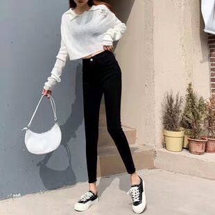 高腰铅笔牛仔裤女2022秋季韩版黑色紧身小脚裤学生显瘦弹力九分裤
