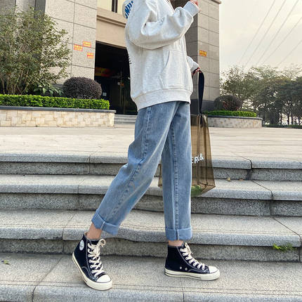 2020秋季新款cec裤子直筒裤显瘦百搭牛仔裤女宽松薄款高腰阔腿裤