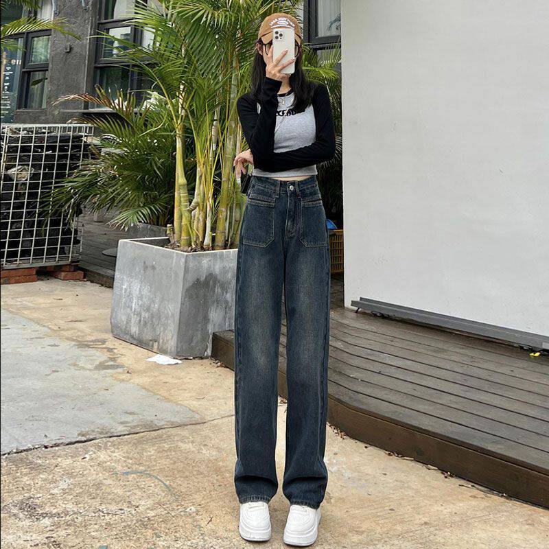 2026年阔腿牛仔裤女宽松春秋季高腰怀旧复古窄版直筒拖地长裤子潮