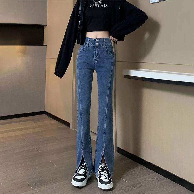蓝色微喇开叉牛仔裤女2023年春款九分鱼尾裤高腰显瘦直筒喇叭裤子
