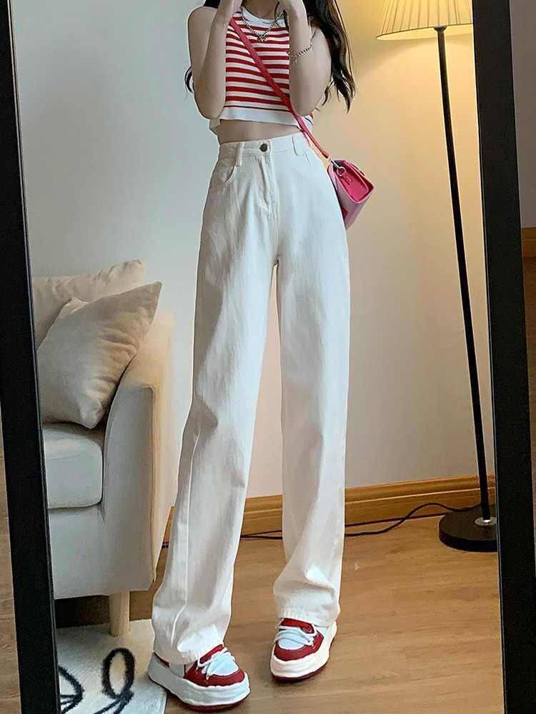 米白色高腰阔腿牛仔裤女春秋季韩版常规款宽松显瘦直筒垂感拖地裤