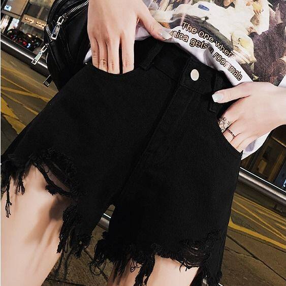 黑色大码胖mm最新款牛仔短裤女韩版宽松高腰显瘦阔腿破洞学生裤子