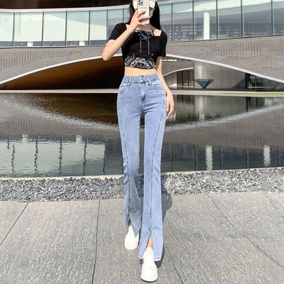 黑色开叉微喇叭牛仔裤女春秋2023新款高腰显瘦小个子马蹄九分裤子