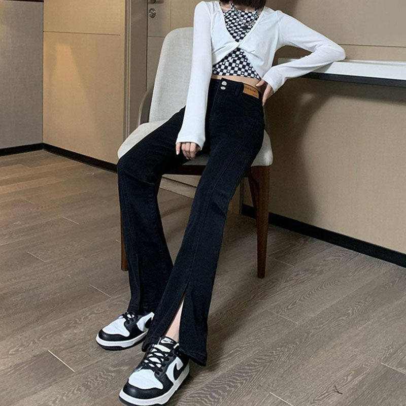 2023年春新款弹力开叉喇叭裤复古显瘦小众设计感修身微喇牛仔裤潮