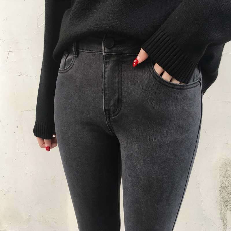 烟灰色牛仔裤女高腰小脚裤弹力显瘦紧身韩版百搭学生铅笔九分裤子