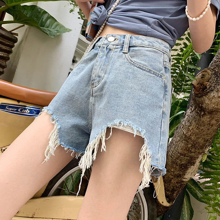 破洞牛仔短裤女2021年夏天薄款高腰显瘦阔腿宽松直筒a字学生热裤