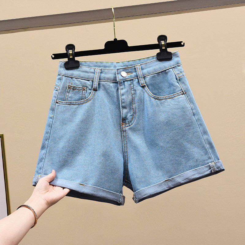 新款高腰卷边设计牛仔短裤女装宽松显瘦辣妹a字阔腿裤潮浅蓝色