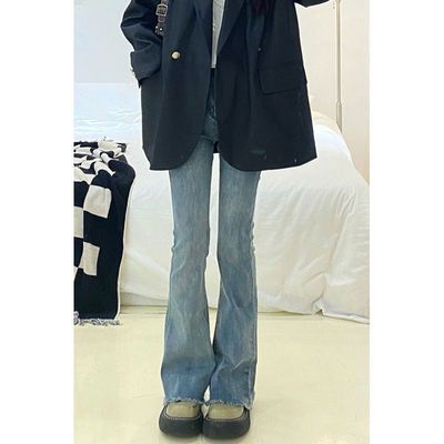 复古毛边微喇牛仔裤女2023年春秋新款高腰显瘦直筒设计感修身长裤