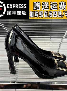 黑色rv方扣高跟鞋女2025秋冬季真皮细跟马蹄跟方头加绒保暖单鞋女