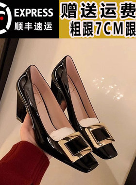 Right Video/绝美粗跟水钻方扣单鞋黑色气质法式高级方头rv高跟鞋