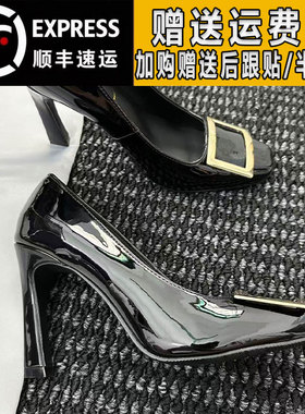 马蹄跟黑色加绒rv方扣高跟鞋女2025秋冬季真皮细跟方头保暖单鞋女