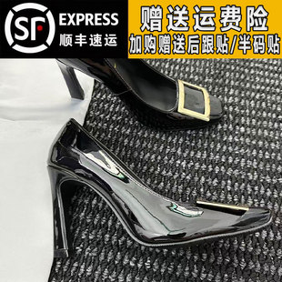 马蹄跟黑色加绒rv方扣高跟鞋女2025秋冬季真皮细跟方头保暖单鞋女