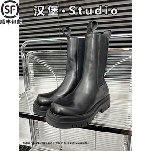 加绒mona同款切尔西靴子女2025秋冬季情侣款松糕厚底短筒烟筒靴子