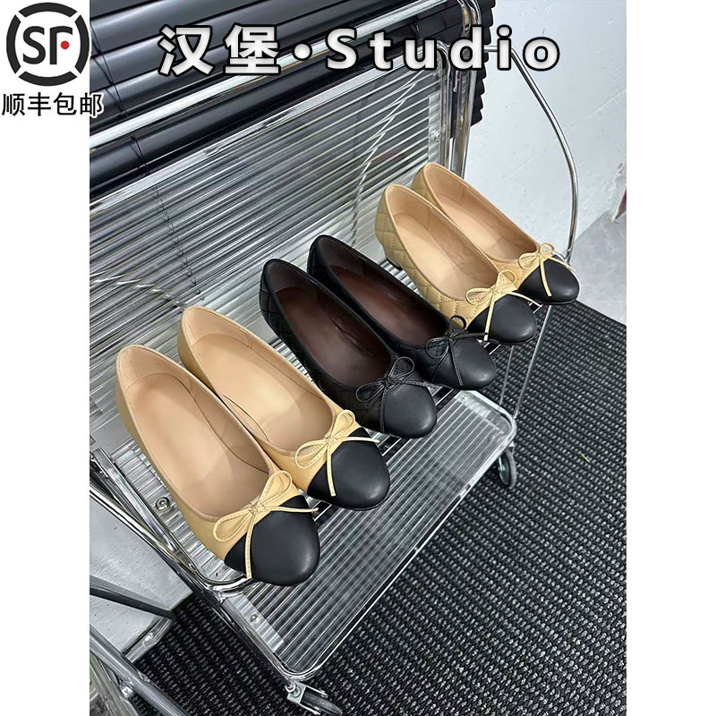 羊皮版小香风单鞋女菱格真皮2025秋冬浅口百搭玛丽珍蝴蝶结平底鞋