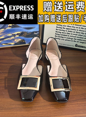 黑色漆皮中空rv凉鞋女方扣2025夏季一脚蹬方头休闲chips平底鞋女