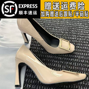 裸色马蹄跟加绒rv方扣高跟鞋女2025秋冬季真皮细跟方头保暖单鞋女