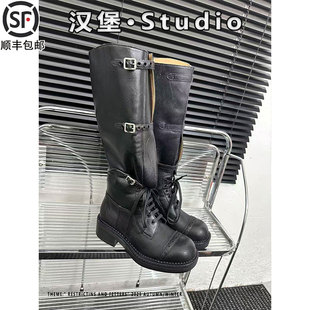 真皮西部骑士靴可延展女做旧皮带扣中筒战损靴沙漠马丁靴绑带长靴