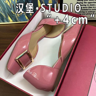 女真皮方扣方頭單鞋 女 Video一腳蹬小個子內增高中空4cm涼鞋 Right