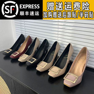 2025秋冬季rv大象灰方扣高跟鞋女真皮细跟马蹄跟方头加绒保暖单鞋