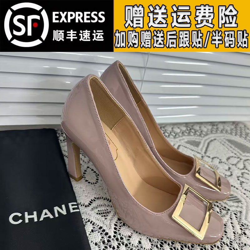 rv裸灰方扣高跟鞋女2025秋冬季真皮细跟马蹄跟方头加绒保暖单鞋女