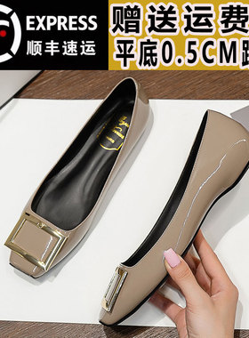 Right Video/RV方扣漆皮平底鞋女真皮夏季商务通勤职业工作单鞋女