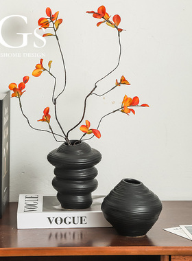 黑色中古风花瓶治愈系桌面小摆件高颜值工艺品陶瓷哑光仿真插花器