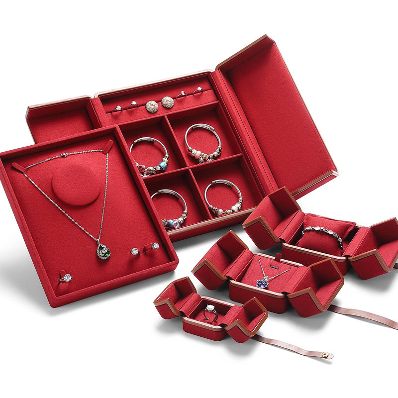 新款超纤珠宝展示盒戒指项链手镯三金收纳盒双层首饰套装盒珍珠