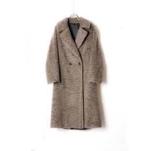 100山羊绒皮草感泰迪V领口袋女士长款羊绒大衣秋冬轻奢外套穿搭