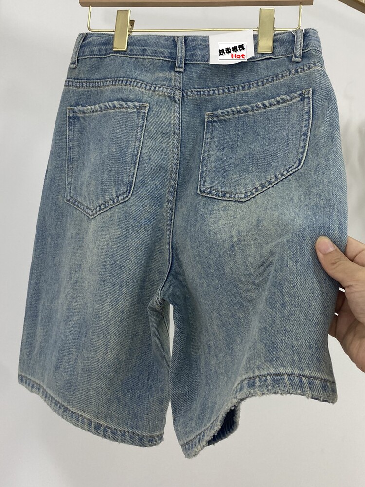 RIPPED STRAIGHT DENIM CROPPED PANTS WOMENS NEW SUMMER KOREAN VERSION HIGH WAIST LOOSE NICHE A-LINE SHORTS WIDE LEG MID PANTS